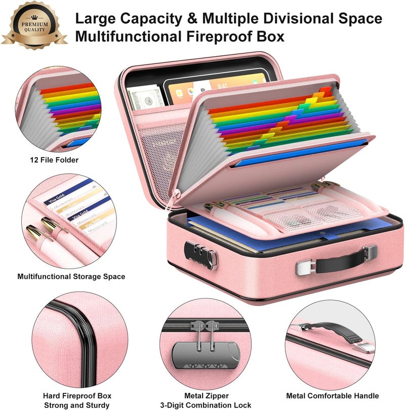COLCASE Hard Case Organizer Box with Lock, Hard-Shell Design, Fireproof, Water Resistant for Important Documents, Certificates, Laptop, Passports, Pink - Image 4